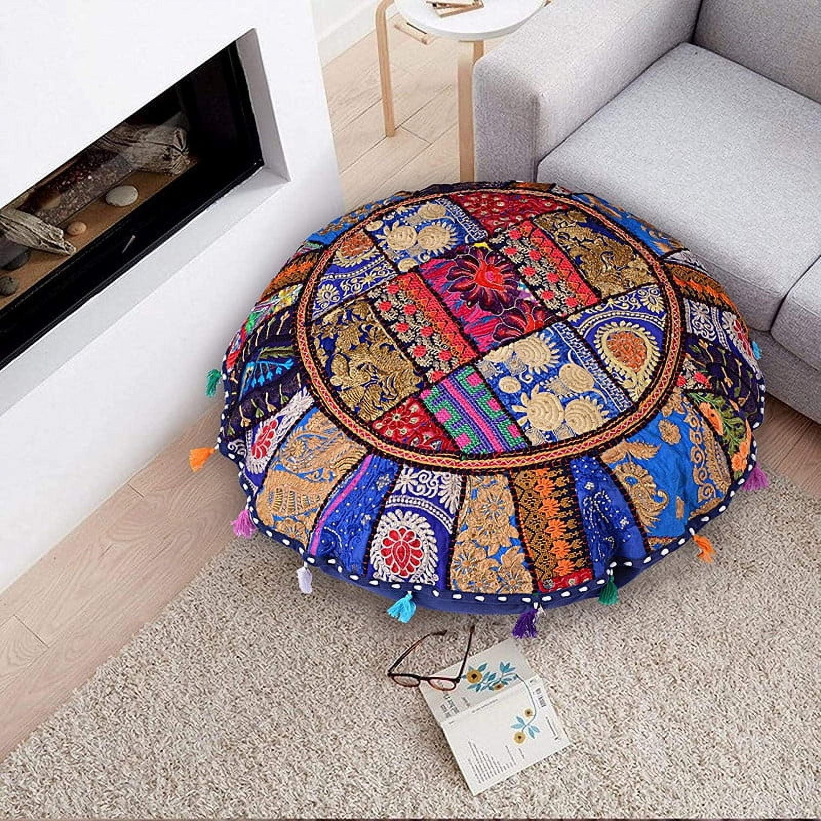 Indian Handmade Patchwork Codework Round Pouf Cover Ottoman Floor Pillow Cushion Seating Throw Decorative Pillow Cases