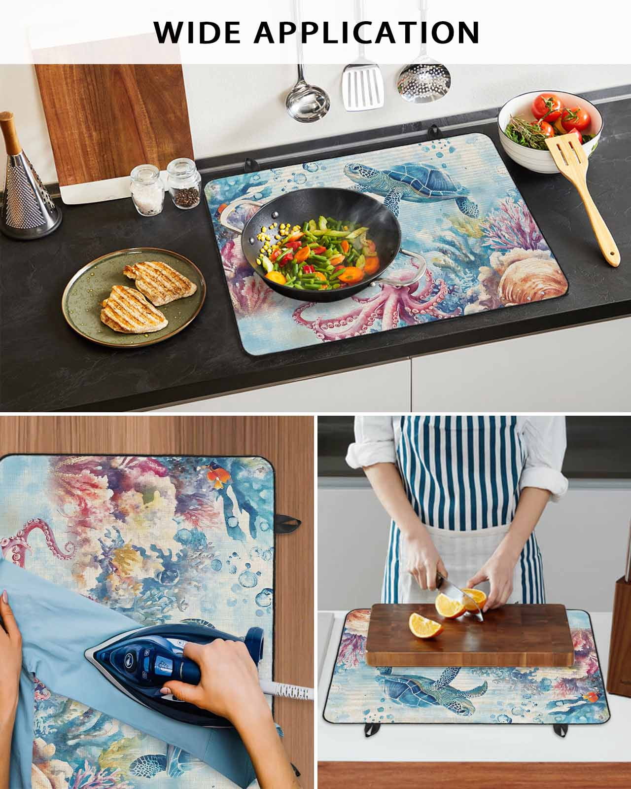 nqOlkjepod Large Induction Cooktop Protector Mat 31"x24", Sea Turtle Octopus Stove Top Covers for Electric Stove, Coastal Coral Summer Ocean Beige Stove Burner Cover Mats, Glass Top Stove Cover