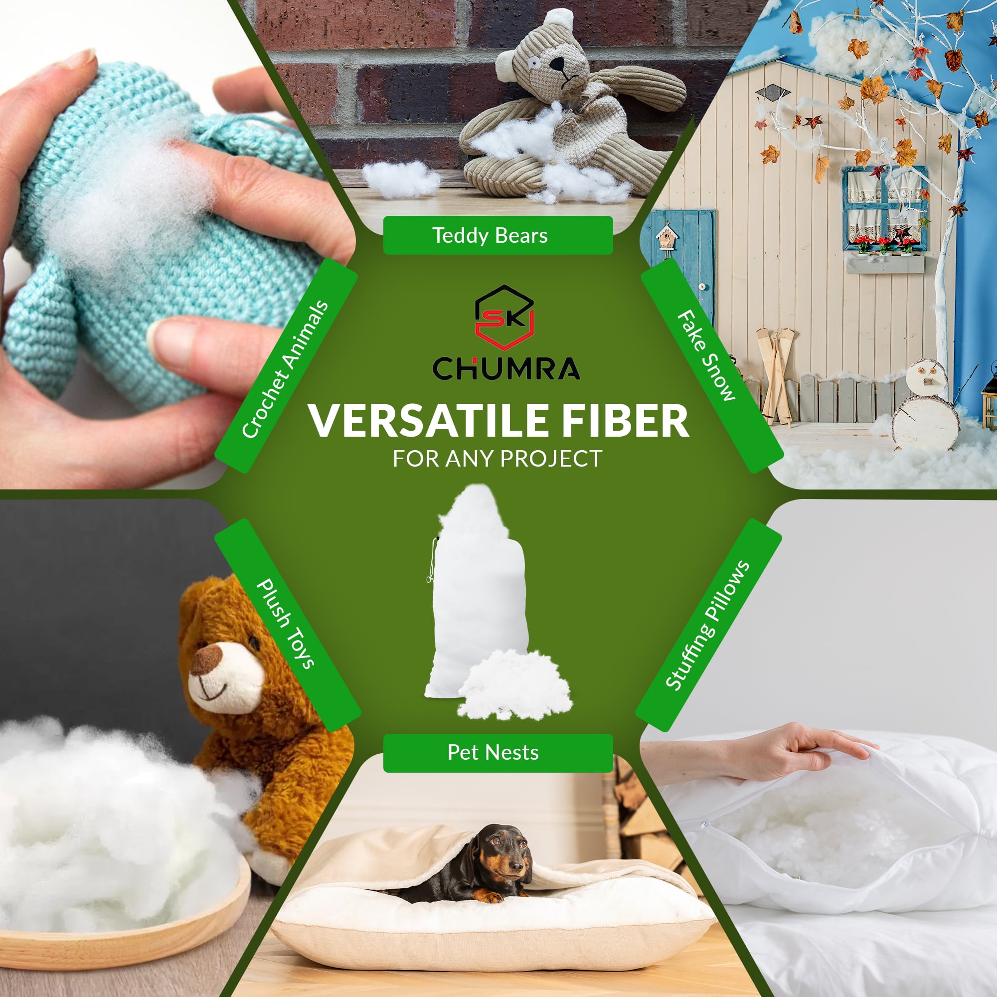 SK CHUMRA High-Resilience Premium Polyester Fiber Fill-Perfect for Pillows, Couch Cushions,Plush Toys,DIY Crafts,&Pet Beds -Cloud Soft, Kid & Pet Safe, Washable, Durable-Made in USA (3, Pounds)