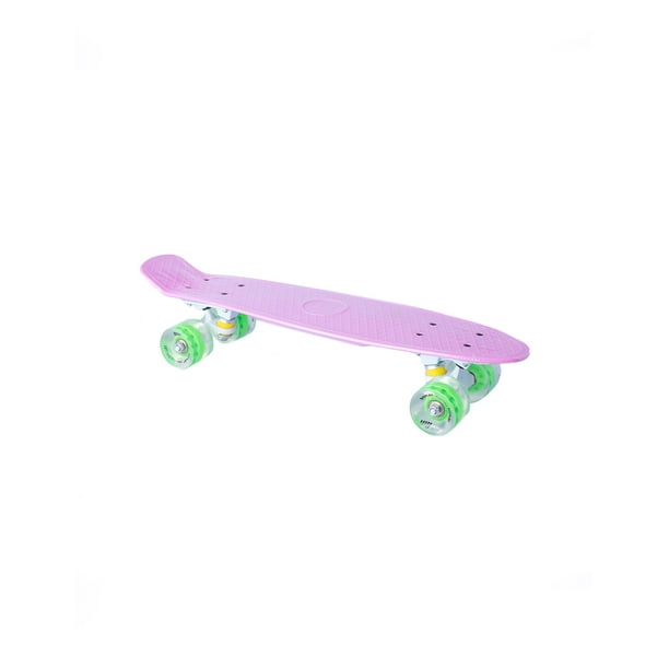 Patineta semiprofesional Display minicruiser tipo Penny rosa trucks blancos ruedas verdes transparentes