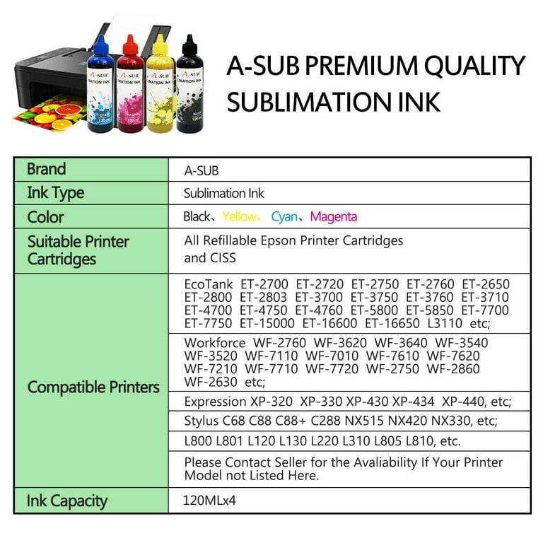 Printers Jack Sublimation Ink Four Pack 400 ML Ultra Vivid for Epson C88  C88+ WF7710 ET2720 Inkjet Printers Heat Press Transfer on Mugs, Polyester  Shirts etc - Yahoo Shopping