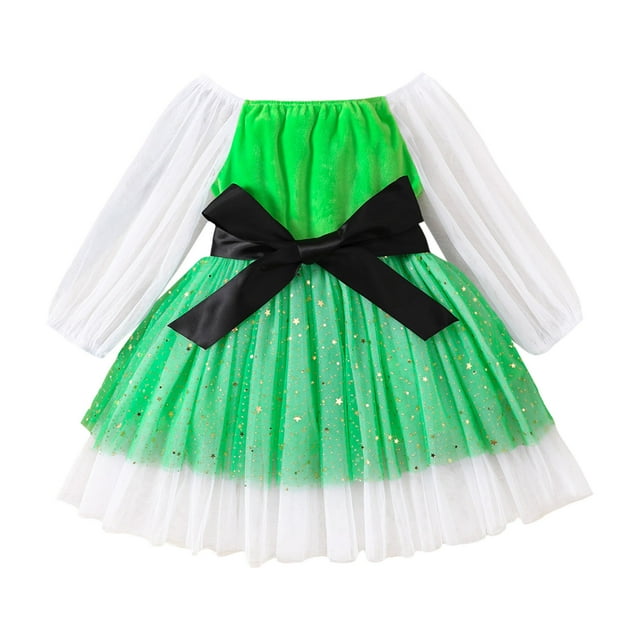 YOUSNH Robe de Noël en Tulle à Manches Longues pour Filles Robes de Princesse Robes pour Filles Vert 3-4 Ans