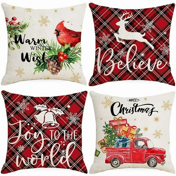 Christmas Holiday Throw Pillow Covers 18"X 18" Linen Throw Pillow Cases Set Of 4