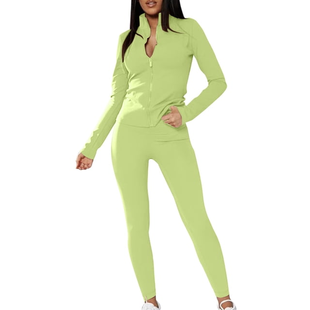 Track Suits for Women Set, Fadeal 2 Piece Sets for Women Slim Zipper Solid Color High Collor Top and Tight Pants Matching Set Athleisure Sets Women Green M