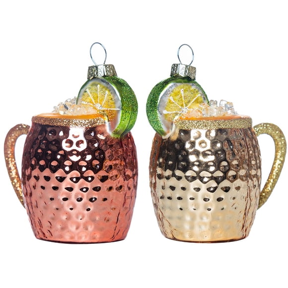 Juego de adornos navideños, taza Moscow Mule de vidrio soplado, 2 unidades