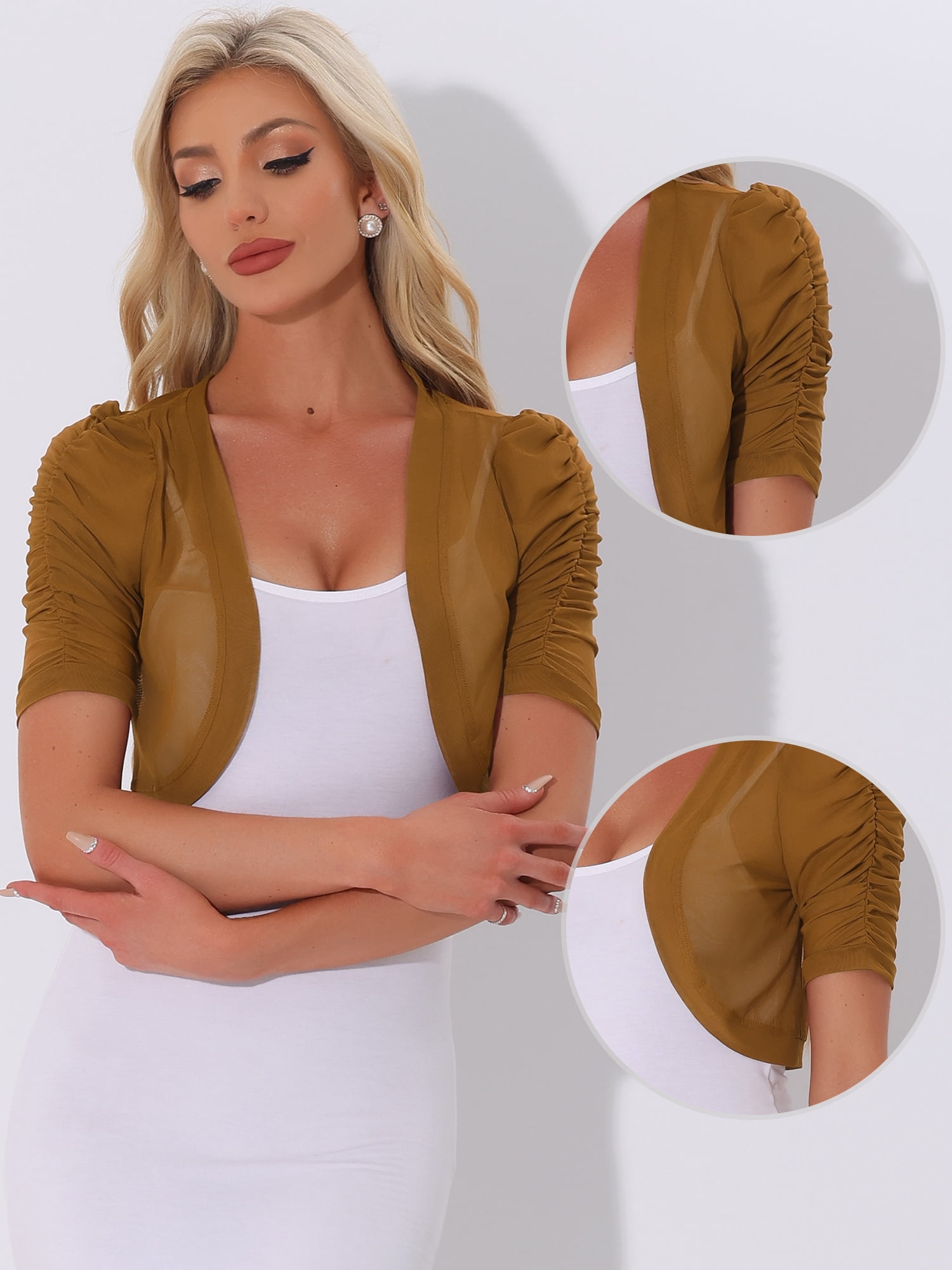 DARING DIVA Women's Mesh Sheer Shrug Cropped Cardigan Bolero L Brown