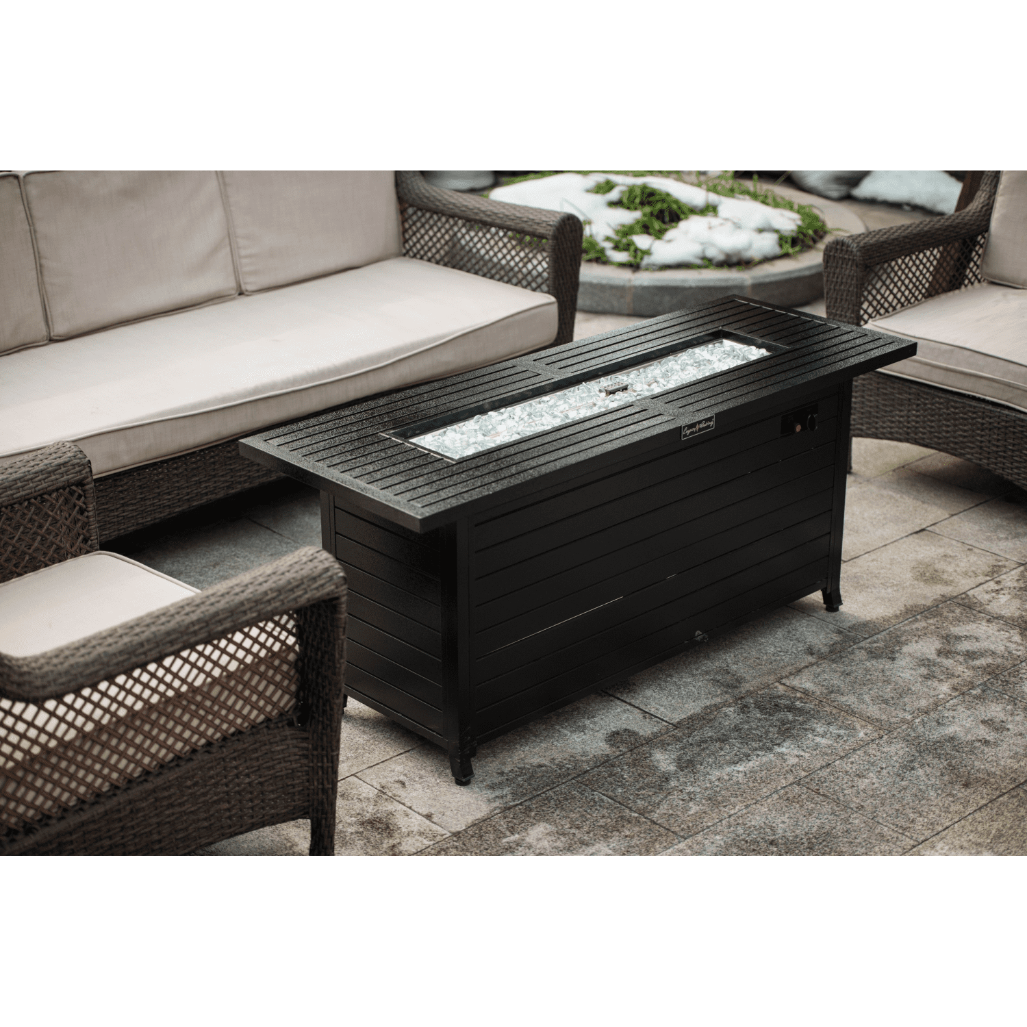 57in Outdoor Gas Propane Fire Pits Table, Aluminum, 50000BTU Firepit Fireplace Dinning Table with Lid, Fire Glass, Retangular, ETL Certification, for Garden Backyard Deck Patio-hammered black 41752