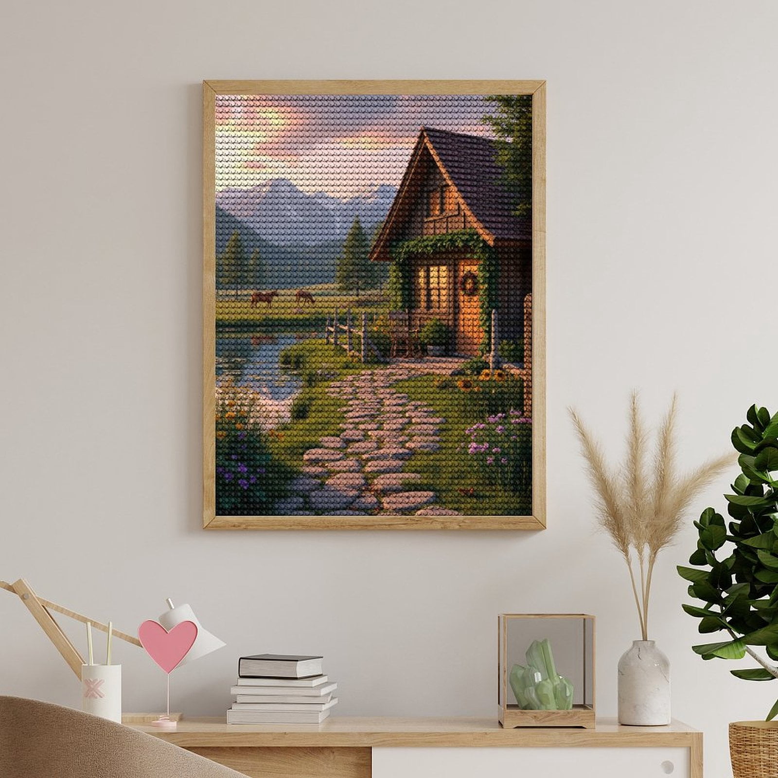 Diamond Art Kits for Adults, Mountain Cabin Pathway Horses Pond 5D Diamond Painting Kits for Adults Beginners, DIY Full Drill Diamond Painting, Gem Art and Crafts 12x16