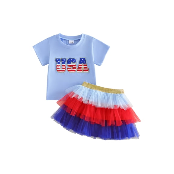 BemeyourBBs Toddler Baby Girl 4th of July Outfit Patriot Independent Day Summer Clothes Cute American Flag Short Sleeve T-shirt and Contrast Layered Tulle Tutu Skirts Set