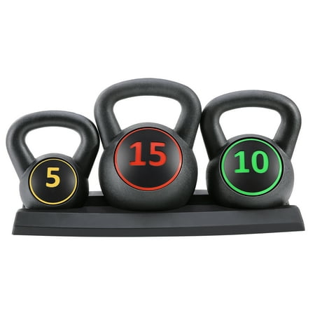 MaxKare Kettlebell Set 3-Piece Wide Handle HDPE Coated 5 Lb., 10 Lb., 15 Lb. Weights Kettlebells with Storage Rack Exercise Fitness