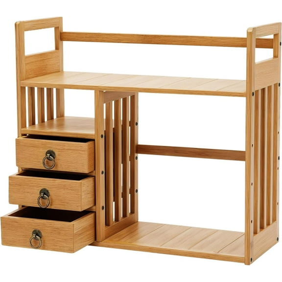 3-Tier Bamboo Desktop Storage Shelf Desk Storage Hutch 3 Drawers Desktop Display Rack Office Storage Rack for Home Office Dorm