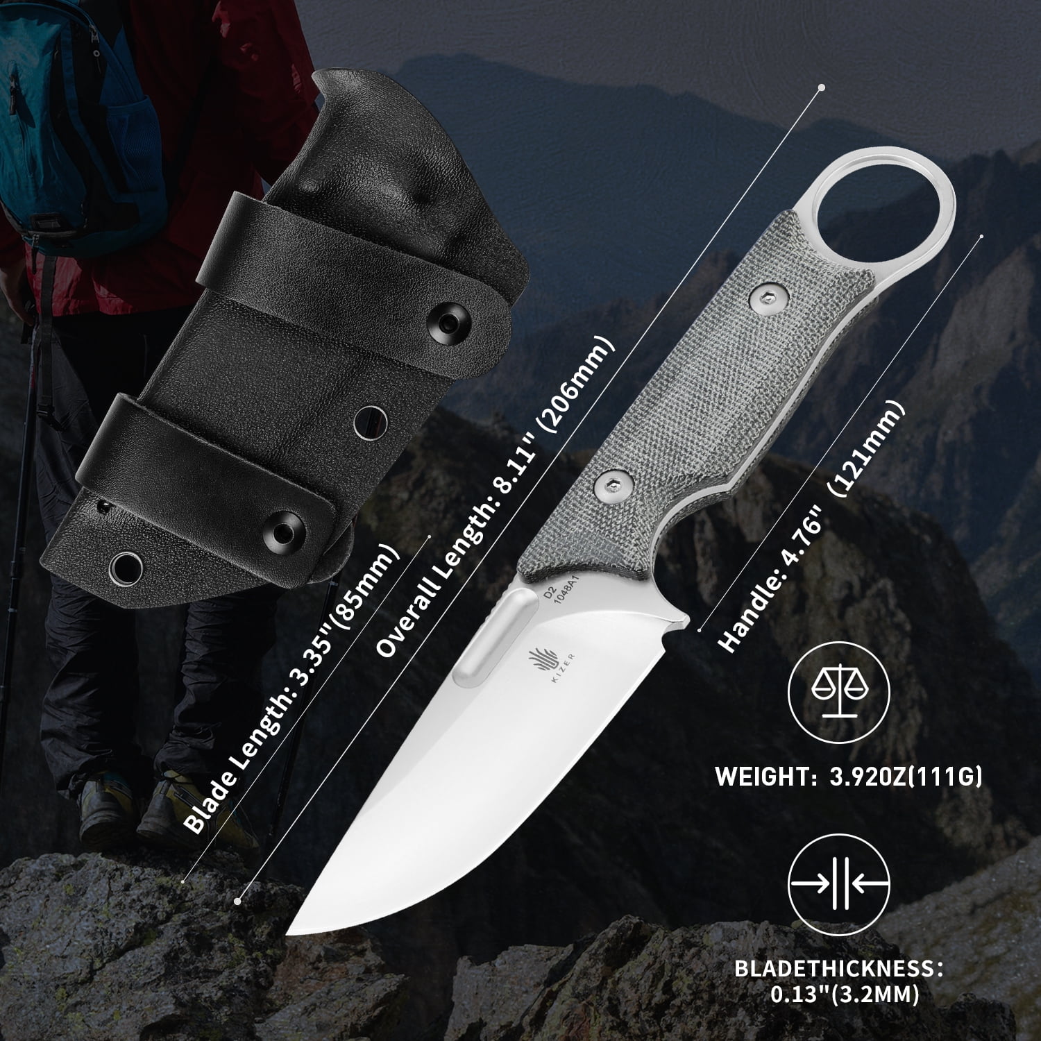 Kizer Cabox Fixed Blade Knife D2 Steel Blade Micarta Handle, 1048A1