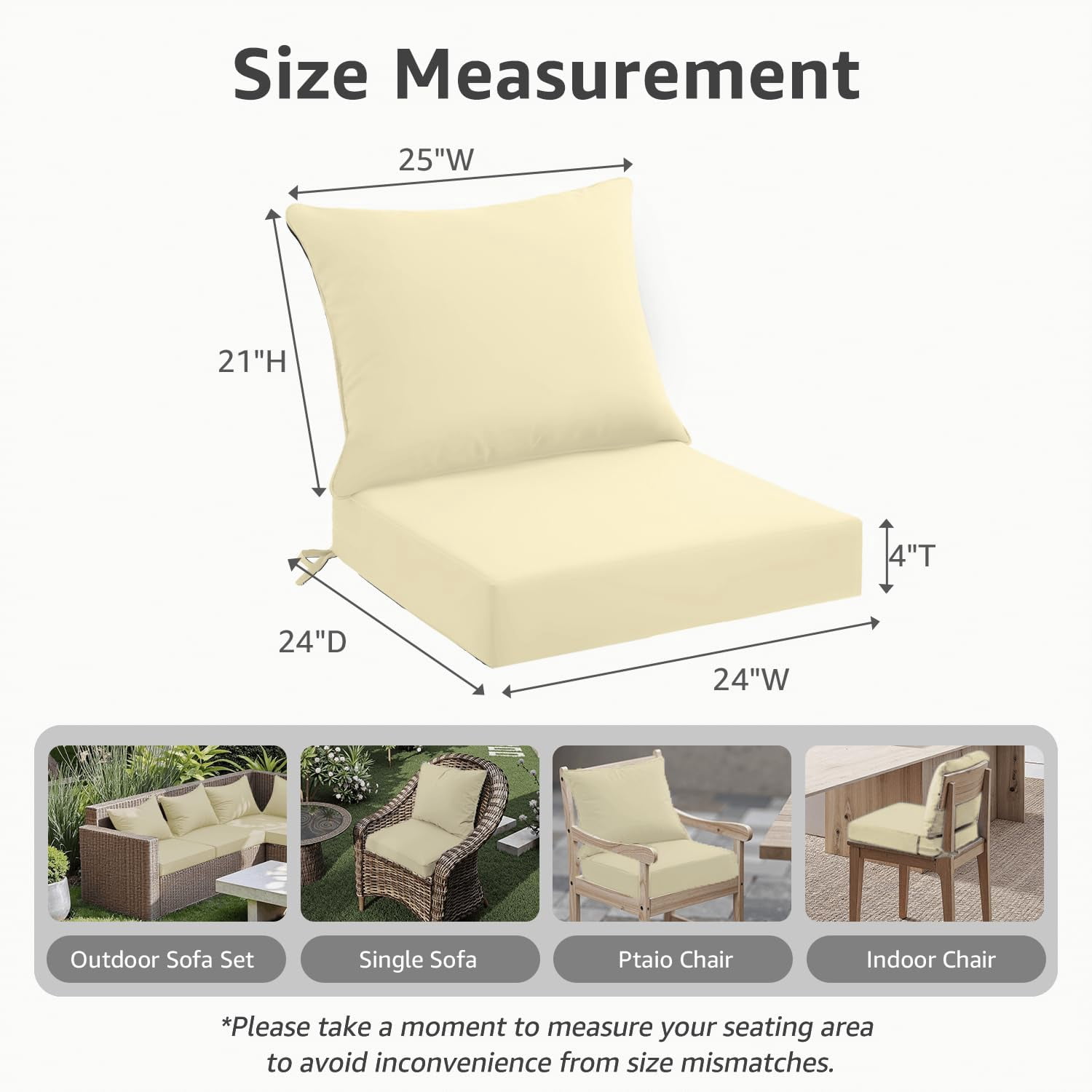 Outdoor Seat Cushion Set 24 x 24 x 4 Inch, Waterproof & Fade Resistant Patio Furniture Cushions with Removable Cover and Ties, Thick Deep Seating Pads for Outside Chair Sofa Couch, Yellow