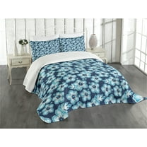 Ambesonne Navy Quilted Bedspread Set 3 Pcs, Hibiscus Hawaiian Flowers, King Size, Dark Blue and Sky Blue