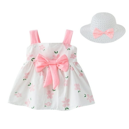 

EHTMSAK Infant Baby Toddler Children Girl Clothing Set Bow Summer Outfits Floral and Set Short Sleeve with Sun Hat Pink 6M-4Y 100