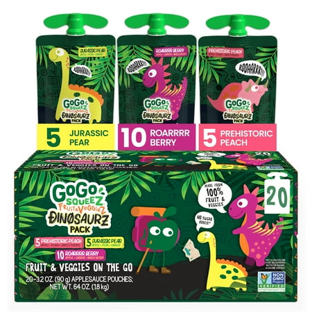 GoGo squeeZ Fruit & veggieZ Applesauce and Puree Variety Pack, Jurassic Pear, Roarrrr Berry, Prehistoric Peach Snack Pouches Variety Pack, 3.2 oz, 20 pack