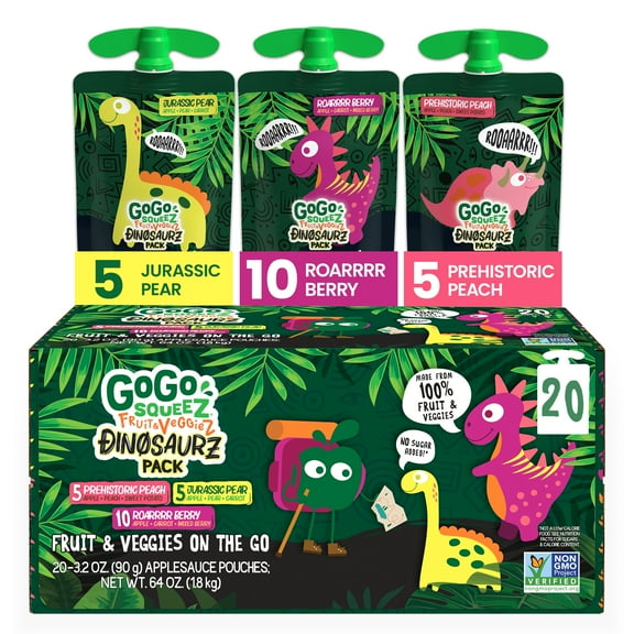 GoGo squeeZ Fruit & veggieZ Applesauce and Puree Variety Pack, Jurassic Pear, Roarrrr Berry, Prehistoric Peach Snack Pouches Variety Pack, 3.2 oz, 20 pack