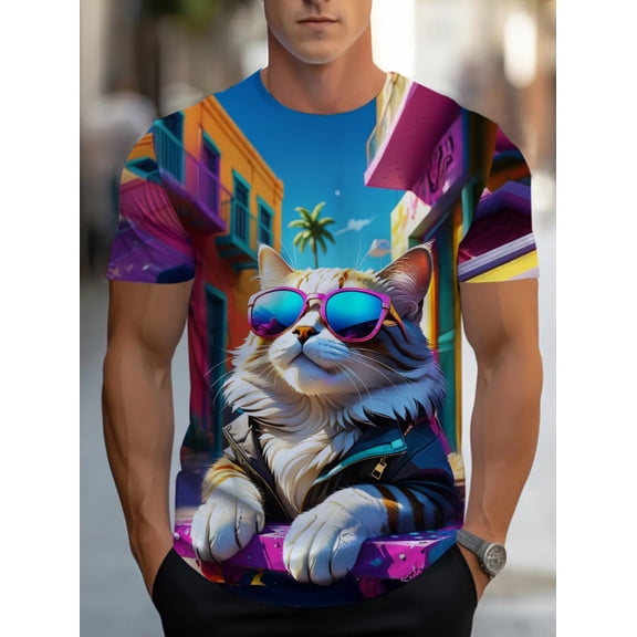 Men's Cool Cat Full 3D Full Print T-Shirt - Heat Transfer Full Body Cover Short Sleeve Crew Neck Casual Summer Dress with Cool Cat and 3D Digital Art - Machine Washable, Seasonal Holiday Gift