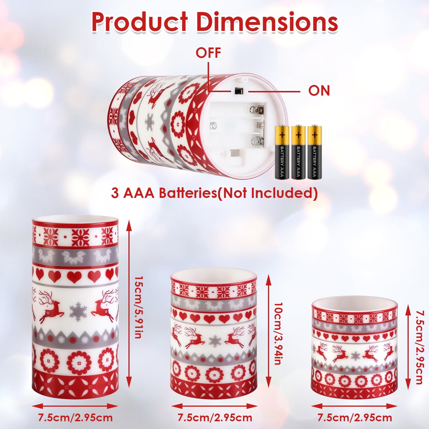 3Pcs Christmas Flameless LED Deer Candle, Flickering Candle Lights Pillar Candle w/ 3 Lighting Modes