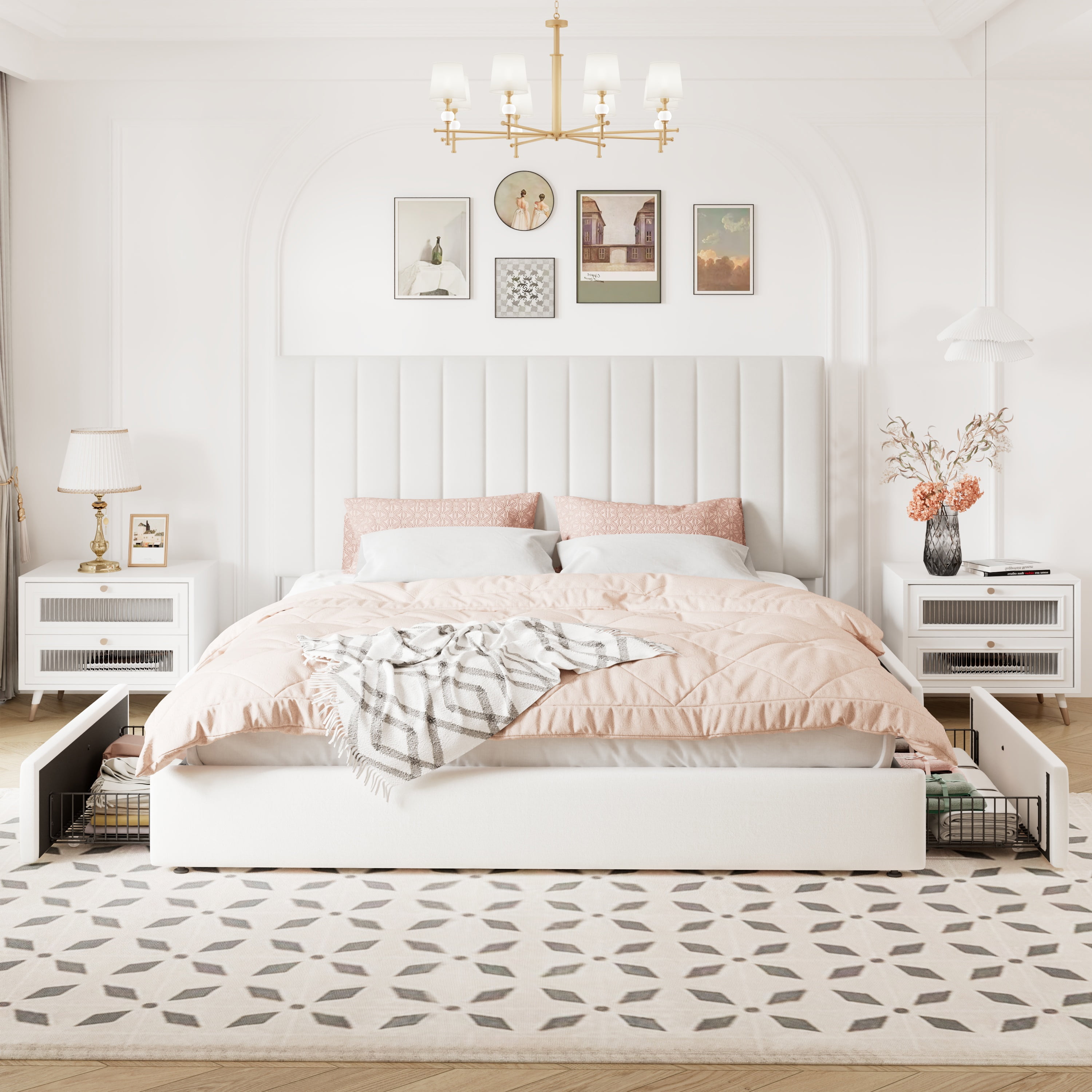 Allewie King Size Storage Bed Frame,Adjustable Headboard, Velvet Upholstered Platform Bed with 4 Oversized Underbed Drawers, Wooden Slats Support, No Box Spring Needed, White
