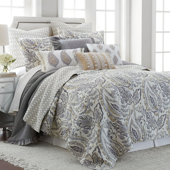 Levtex Home - Tamsin Grey Quilt Set - Full/Queen Quilt Two Standard Pillow Shams - Modern Paisley - Grey Taupe Off-White - Quilt Size (88x92in.) and Pillow Sham Size (26x20in.) - Reversible - Cotton