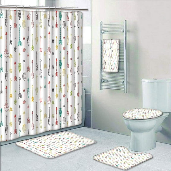 PRTAU Color Pen Doodle Fun with Arrows 5 Piece Bathroom Set Shower Curtain Bath Towel Bath Rug Contour Mat and Toilet Lid Cover