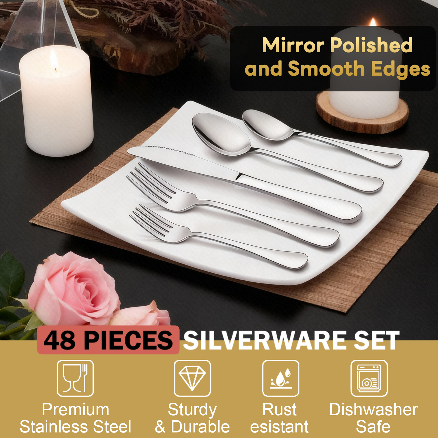 Kosbon 48-Piece Stainless Steel Flatware Set, Silver photo 3