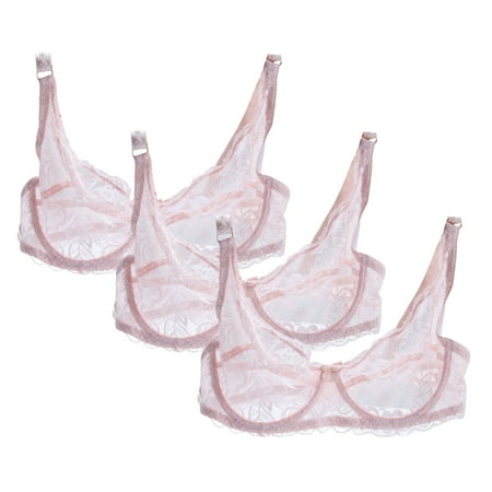 Huvoen Women s 3pc Lace Sheer Bra Unlined Minimizers Underwire Full Coverages Lingerie Bras Having Steel Rings Pinks m