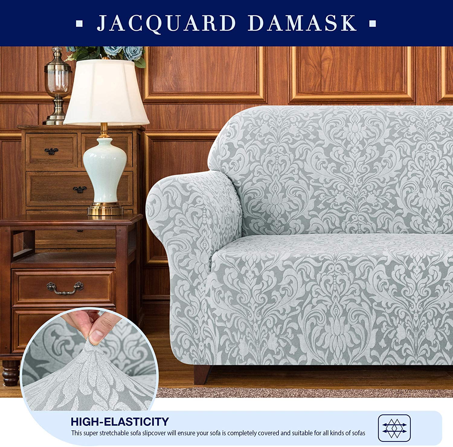 Subrtex Sofa Slipcover 1-Piece Jacquard Damask Couch Cover,Sofa,Light Smoky Gray