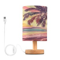 Retro Sunset Palm Tree on Beach Bedside Table Lamp Desk Warm Lights with USB Charging Port Cylinder LED Lamps for Bedroom Living Room Office