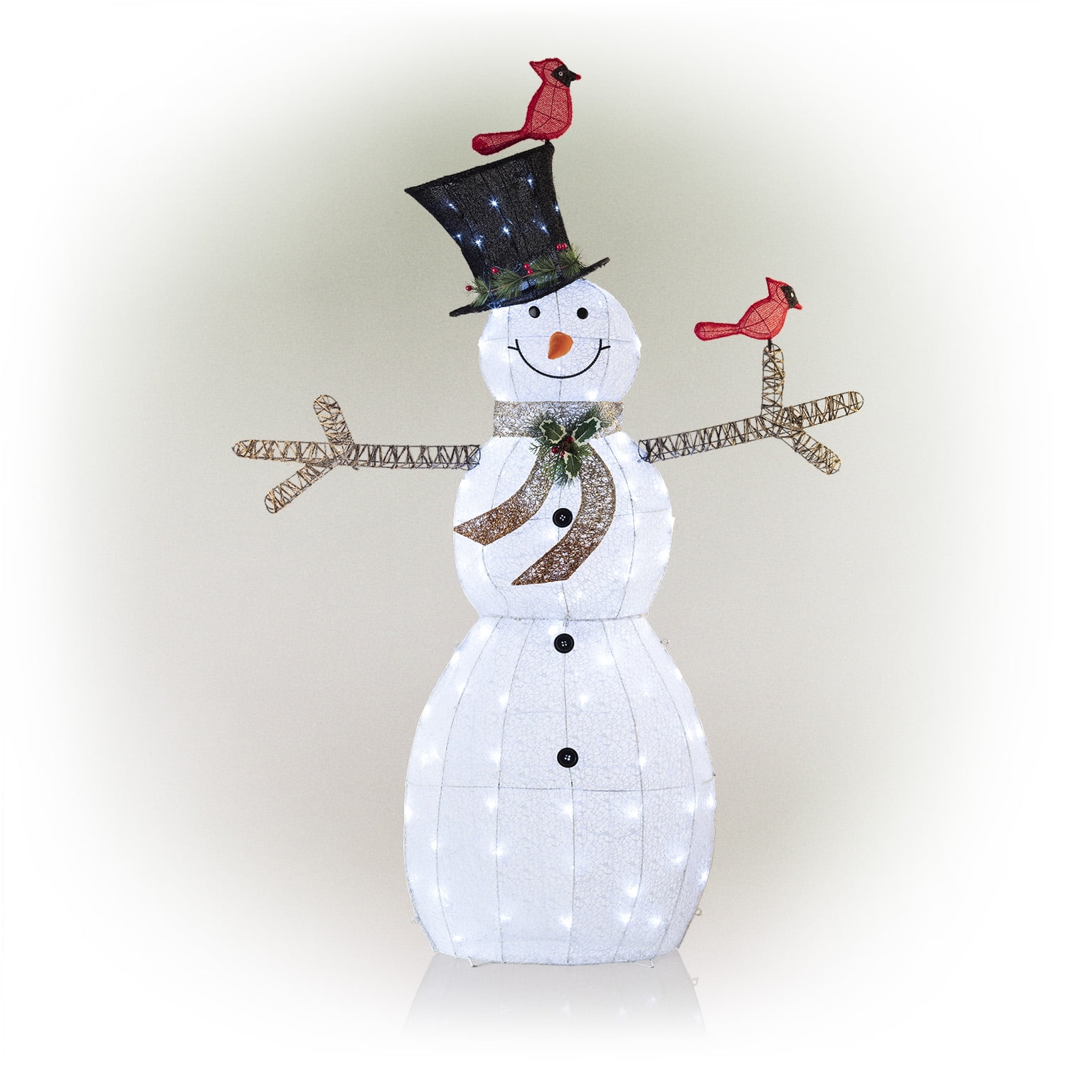Alpine Corporation 74Inch Mesh Snowman Décor with Red Birds and LED