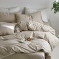 thumbnail image 6 of MooMee Striped Duvet Cover Set Queen 100% Washed Cotton Linen Like Textured Breathable 3-Piece (Tannish Linen Grey& White Wide Stripes), 6 of 6
