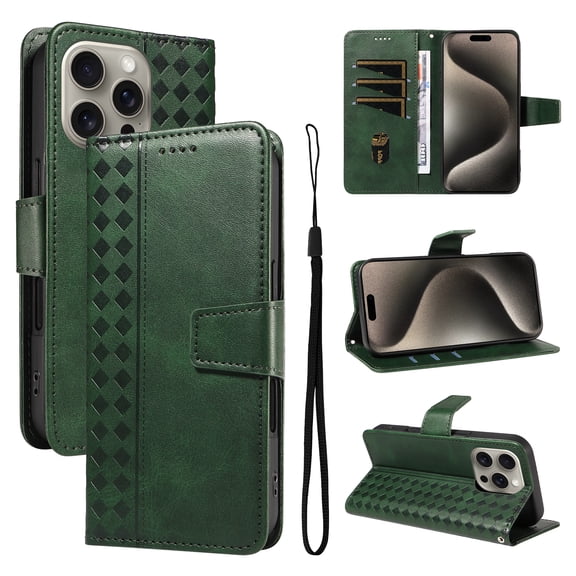 Allytechgroup Case for iPhone 12 Pro Max, Flip Stand Embossed PU Leather Wallet Cover with Cash Pockets/ Credit Card Slots/ Wrist Strap Lanyard/Magnetic Clasp Kickstand Soft TPU Back Shell, Darkgreen