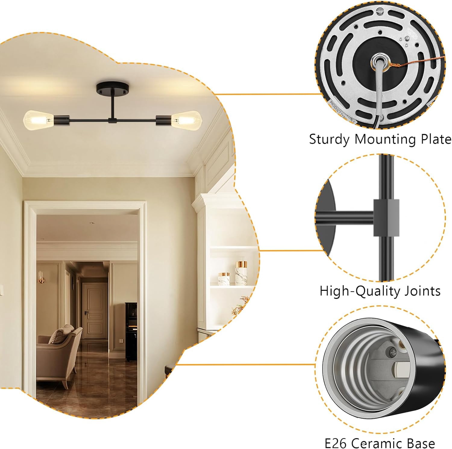 RGHJAR-2-Light Black Bathroom Lighting Over Mirror, Modern Sconces Wall Light Fixtures, Indoor Semi Flush Mount Ceiling Light for Hallway Bedroom Kitchen (1 Pack)