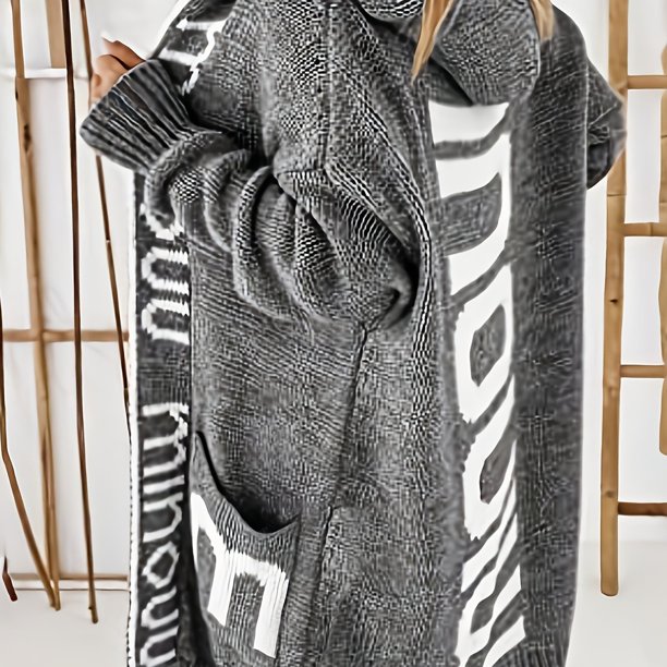 Impresión De Carta Cascada Cuello Tejido Cardigan, Casual Con Capucha De Manga Larga Suéter Con Bolsillos, Ropa De Mujer