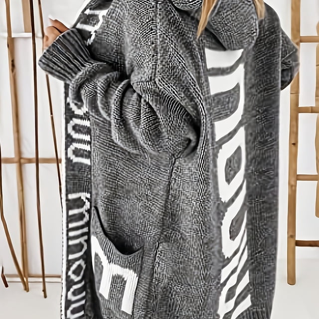 Impresión De Carta Cascada Cuello Tejido Cardigan, Casual Con Capucha De Manga Larga Suéter Con Bolsillos, Ropa De Mujer