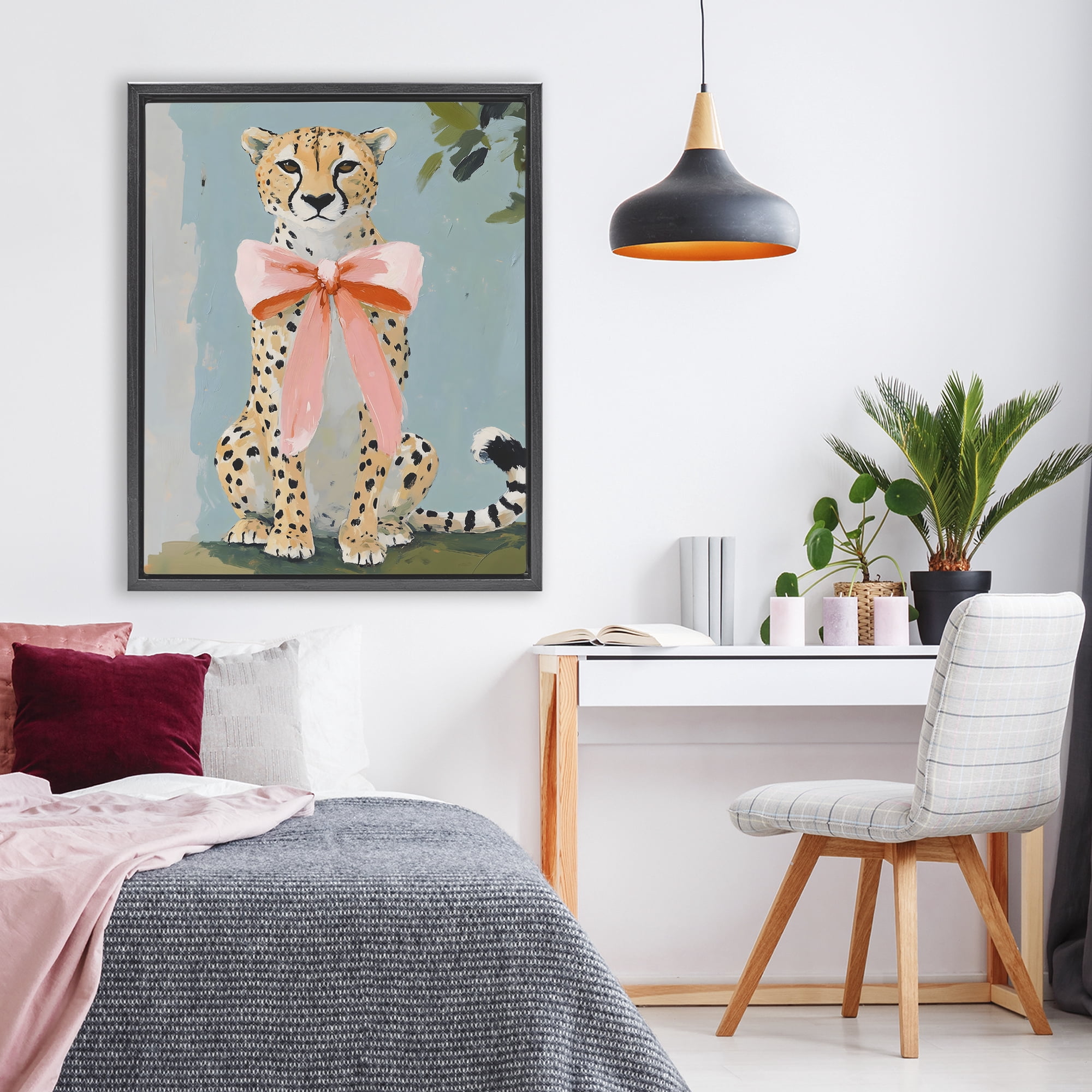 Stupell Industries Cheetah with Big Pink Bow Black Framed Floater Canvas Wall Art, design by The Prints Vibe