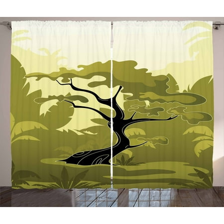 Olive Green Curtains 2 Panels Set Japanese Tree In Jungle