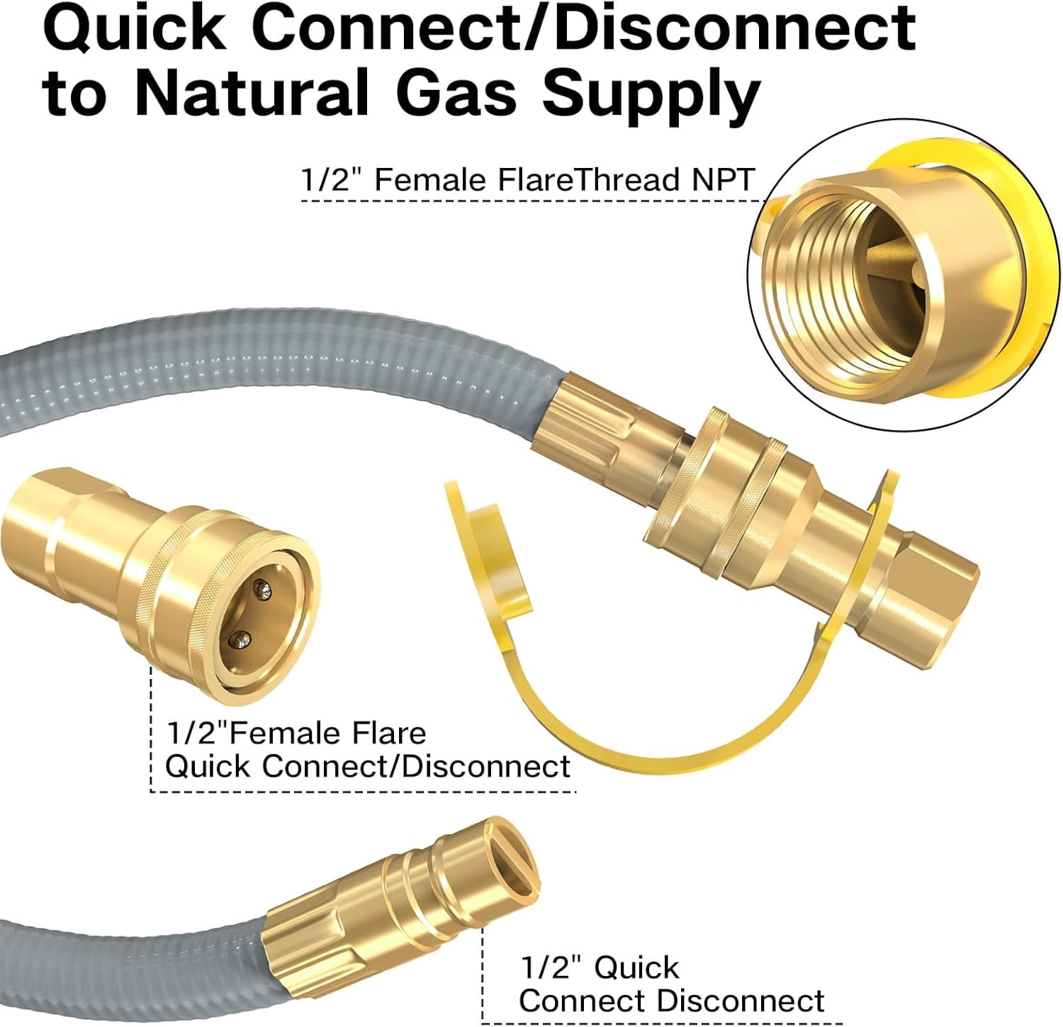 NQN 48FT 1/2" ID Natural Gas Hose with Quick Connect Fitting for BBQ, Grill, Pizza Oven, Patio Heater. for Weber, Char-Broil, Pizza Oven, Patio Heater,NG Grill and Natural Gas Conversion Kit