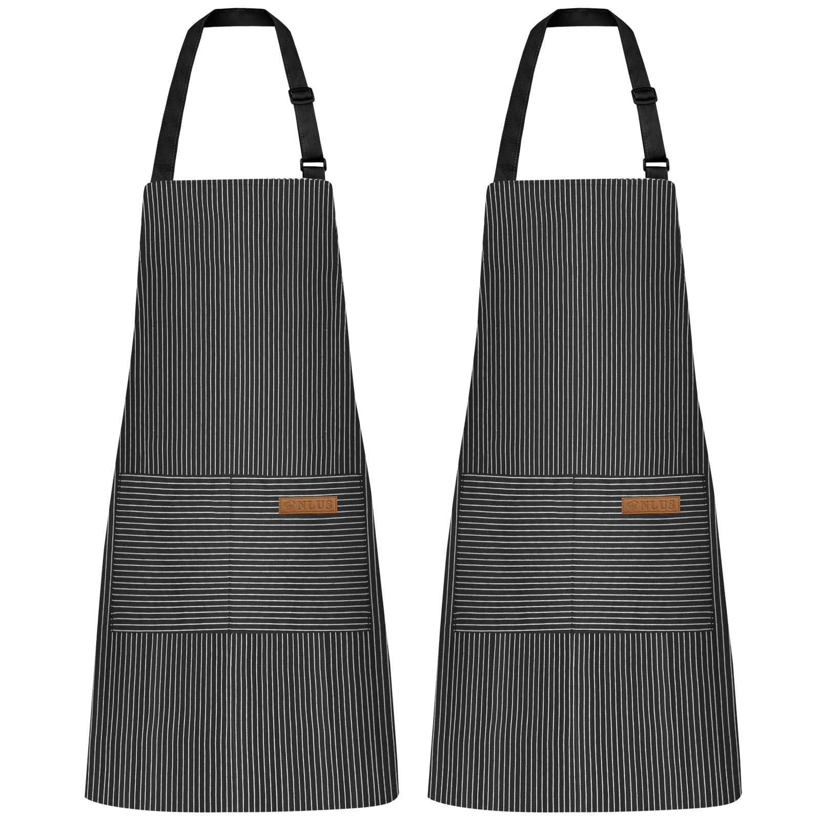 NLUS 2 Pack Cooking Aprons for Women Men with 2 Pockets, 29.5" x 26.8" (Black Pinstripes