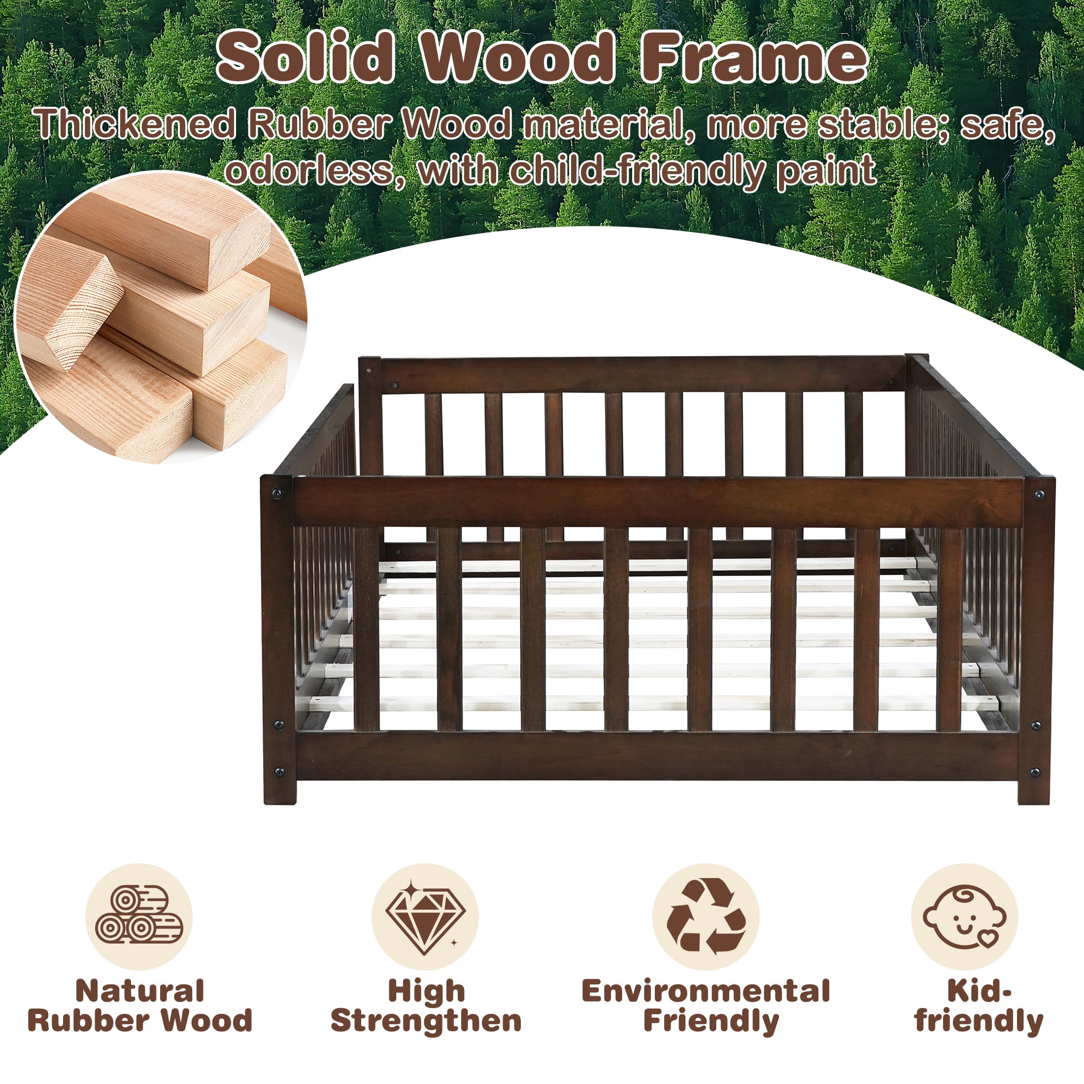 PORKISS Twin Toddler Bed with Guardrails, Low Profile Floor Bed Frame with Open Entry, Wood Montessori Bed with 7 Slats for Kids, No Box Spring Needed, Espresso