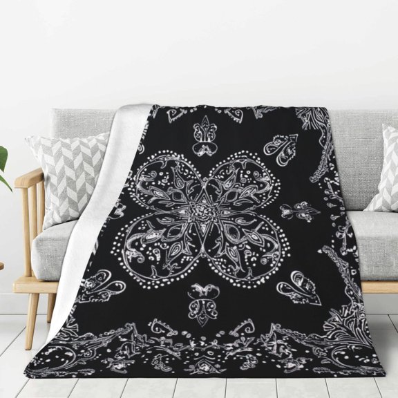 Black Bandana Paisley (2) Throw Blanket for Stylish Warm Winter Cabin Ultra-Soft Micro Fleece Blanket, Premium Microfiber, Silky Soft, Plush, Warm and Lightweight for Couch, Sofa, Bed - 40"X30"