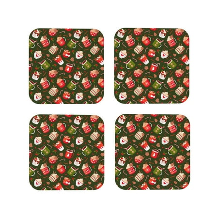 

Tebeau red green coffee cup Print Set of 4 Leather Drink Coasters Round Cup Mat Pad for Home and Kitchen Use 4 -Square