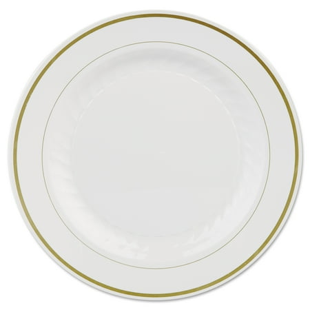 WNA Masterpiece Plastic Plates, 10 1/4in, Ivory w/Gold Accents, Round