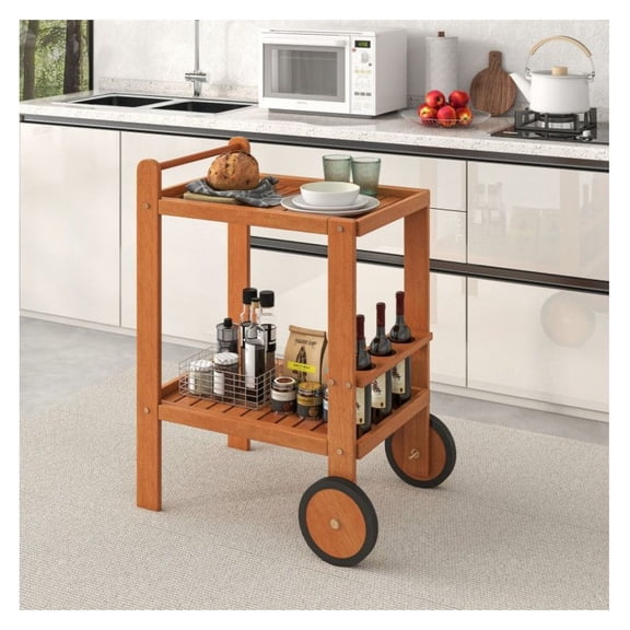 Rolling Serving Cart 2 Tier with Wine Holders - Hardwood Bar Cart with Wheels for Indoor/Outdoor Use, Kitchen, Patio, Garden - 23.5" x 14.5" Shelves, 35.5" Height