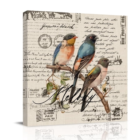 Canvas Wall Art Country Birds Framed Canvas Prints for Bathroom Desk Envelope Postmark Vintage Farmhouse Botancial Small Gallery Wrapped Wall Decor for Home Office Gifts 8 x8 Ship Next Day