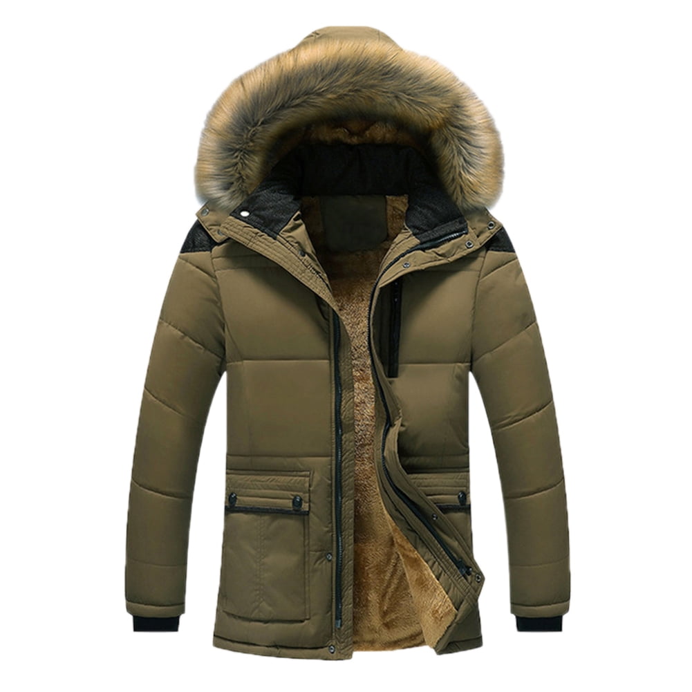 Men Winter Warm Thick Plush Collar Hooded Fleece Lined Outerwear Jacket