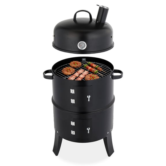Black Powder-Coated Steel Vertical Charcoal Smoker with Chimney, 16.9" x 20.5" x 33.5" Cylindrical BBQ Grill for Outdoor Cooking