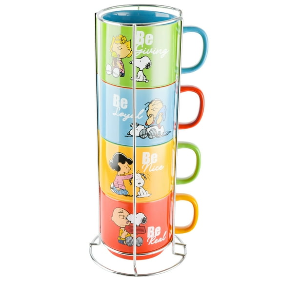 Peanuts gentle Reminders 15oz Stackable Mugs w Metal Rack, Stoneware, 4-Pack, Assorted colors