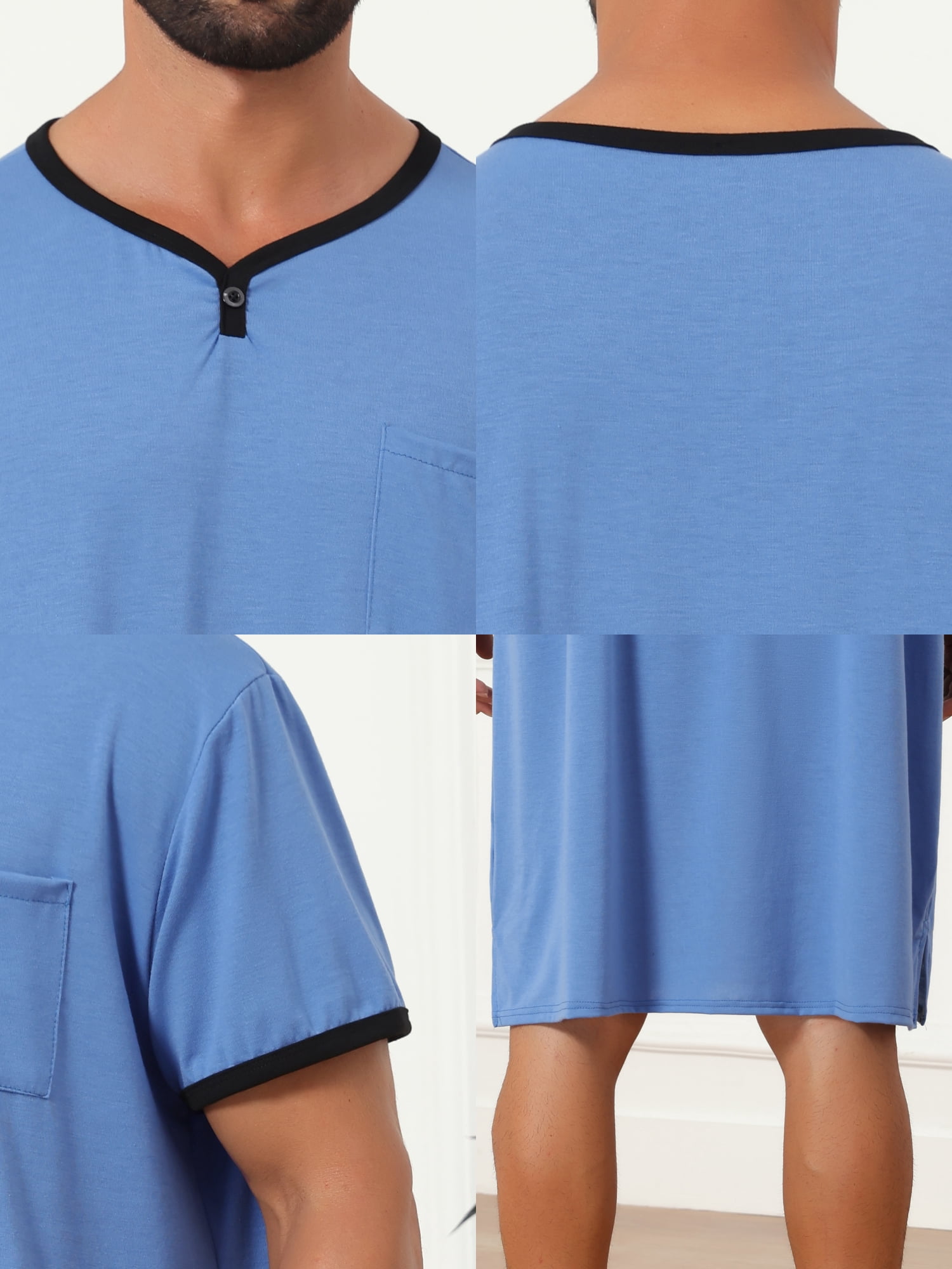DARING DIVA Men's V-Neck Colorblock Trim Short Sleeve Chest Pocket Pajama XL Light Blue